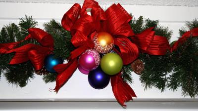 Christmas new year needles christmas decorations ribbon decoratio 4k wallpaper