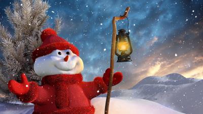 Snowman staff lantern 3d graphics winter snow mountains tre 4k wallpaper