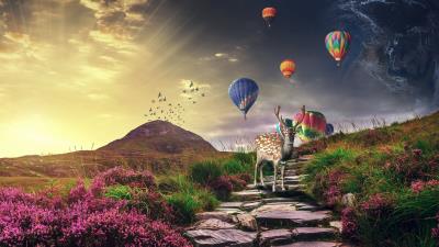 Deer air balloons photoshop 4k wallpaper