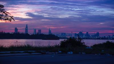 Night city city lights river skyscrapers 4k wallpaper