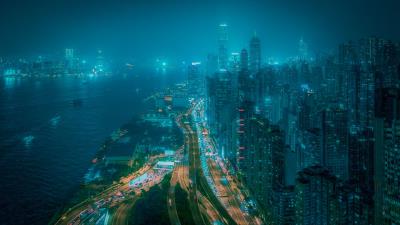 Night city fog aerial view 4k wallpaper