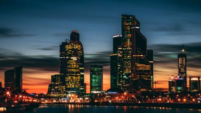 Night city skyscrapers panorama 4k wallpaper