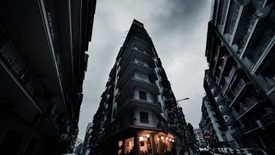 Building bottom view facade city 4k wallpaper