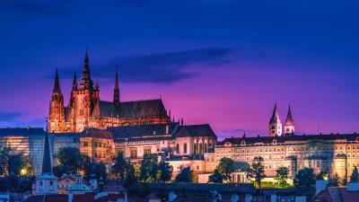 Castle night city lights 4k wallpaper