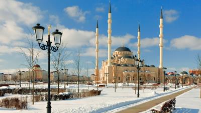Chechnya mosque snow minare 4k wallpaper