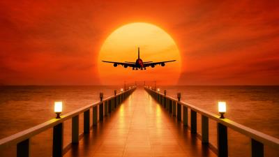 Airplane photoshop sunset wharf 4k wallpaper