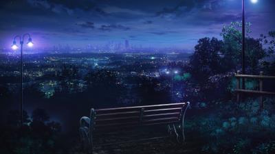 Bench night city overview 4k wallpaper