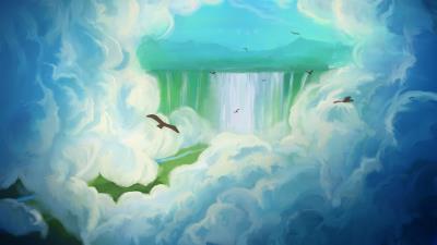 Bird waterfall clouds 4k wallpaper