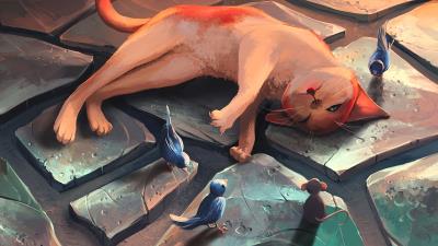 Cat mouse bird 4k wallpaper