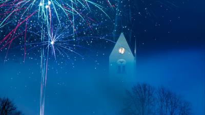 Cathedral building fireworks 4k wallpaper