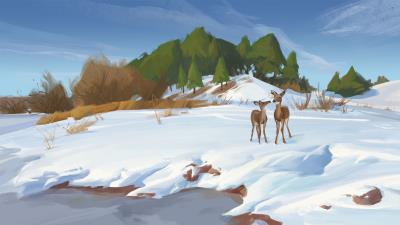 Deer shore snow 4k wallpaper
