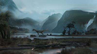 Dinosaur mountains art 4k wallpaper