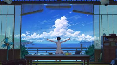 Girl terrace art 4k wallpaper