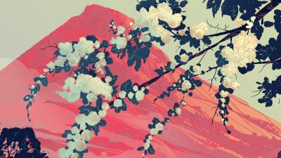 Mountain branches flowers 4k wallpaper