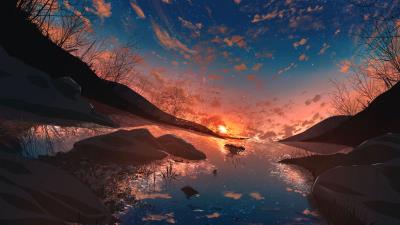 Sunset sun starry sky 4k wallpaper