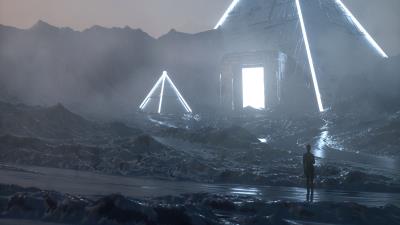 Wanderer silhouette pyramids 4k wallpaper