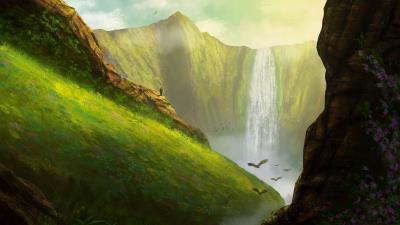 Waterfall birds rocks 4k wallpaper