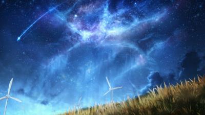 Wind turbine nebula starry sky 4k wallpaper