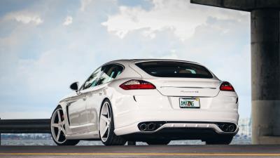 Porsche panamera rear view white auto 4k wallpaper