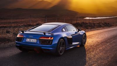 Audi r8 v10 blue side view 4k wallpaper
