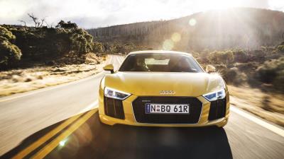 Audi r8 v10 yellow front view 4k wallpaper