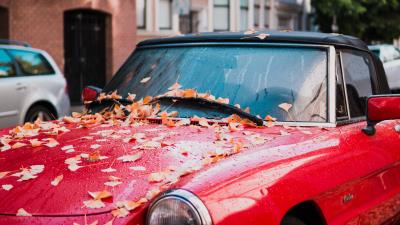 Auto red side view autumn foliage 4k wallpaper