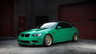 Bmw m3 e92 green wheels wing brick walls gates 4k wallpaper