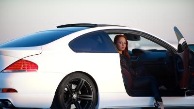 Bmw m6 e63 white side view woman 4k wallpaper