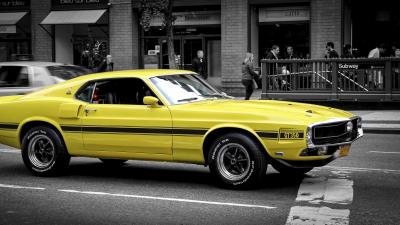 Ford mustang gt muscle car yellow side view 4k wallpaper