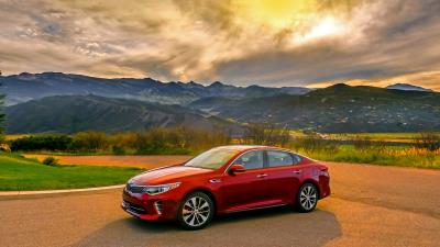 Kia optima red side view mountains 4k wallpaper