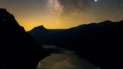 River mountains starry sky 4k wallpaper