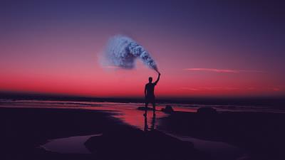 Smoke bombs smoke flare shore sunset 4k wallpaper