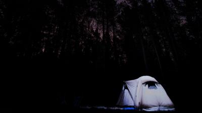 Tent starry sky trees 4k wallpaper