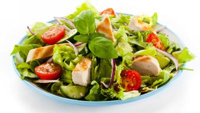 Salad greens tomatoes plate white background 4k wallpaper