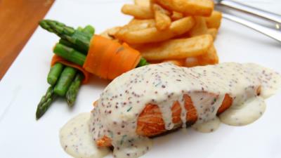 Salmon meat sauce asparagus 4k wallpaper