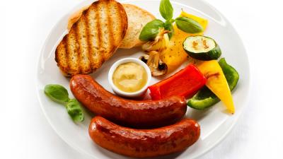 Sausage mustard vegetables toast plate white background 4k wallpaper