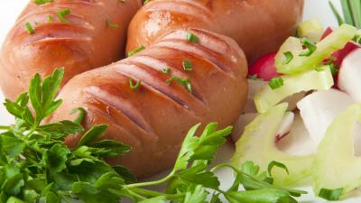 Sausages cut meat greens 4k wallpaper