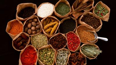 Spices seasonings additives bags black backgroun 4k wallpaper