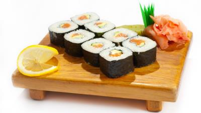 Sushi tablet lemon meat white background 4k wallpaper