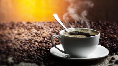 Table grains saucer cup spoon coffee drink smoke 4k wallpaper