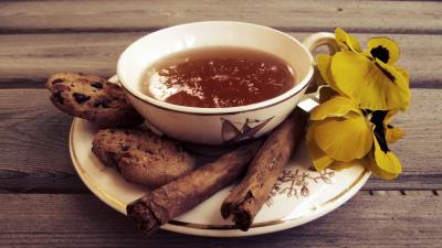Tea cup cinnamon flowers cookies oat 4k wallpaper
