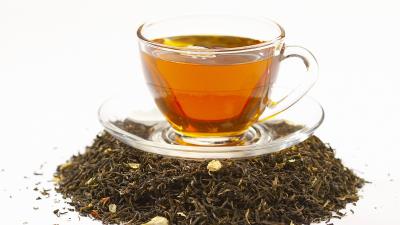 Tea cup tea leaves white background 4k wallpaper