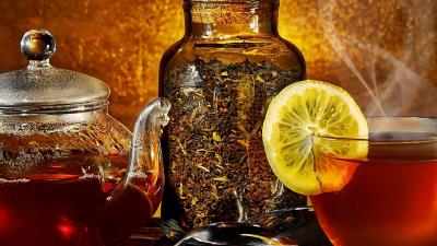 Tea kettle steam cup lemon tea leaves jar spoon 4k wallpaper