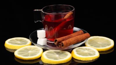 Tea lemon black background sugar cinnamon 4k wallpaper