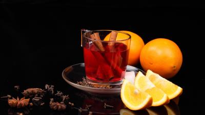 Tea orange black background cinnamon cloves 4k wallpaper