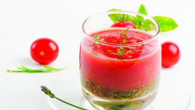 Tomato juice fresh herbs salad cup saucer tomatoes 4k wallpaper