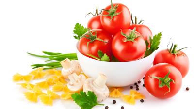 Tomatoes salad mushrooms pasta white background allspice 4k wallpaper