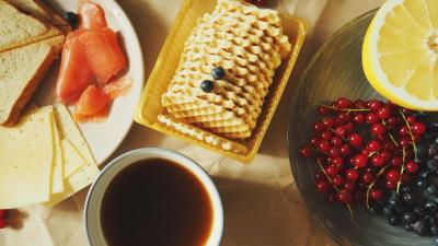 Waffles tea lemon currant fish cheese 4k wallpaper