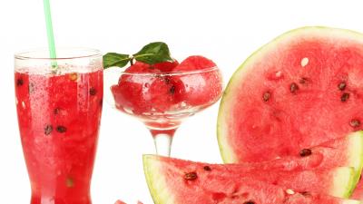 Watermelon juice glass ice white background 4k wallpaper