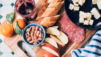 Almonds apples sausage jam breakfast 4k wallpaper